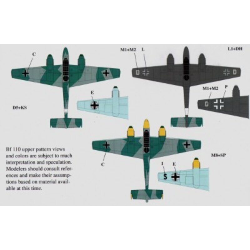 Décal Messerschmitt Bf 110C/D Pt 3 (3) D5+KS 8./NJG 3 shark mouth M8+SP 6./ZG76 shark mouth yellow nose engine nacelles rudders.