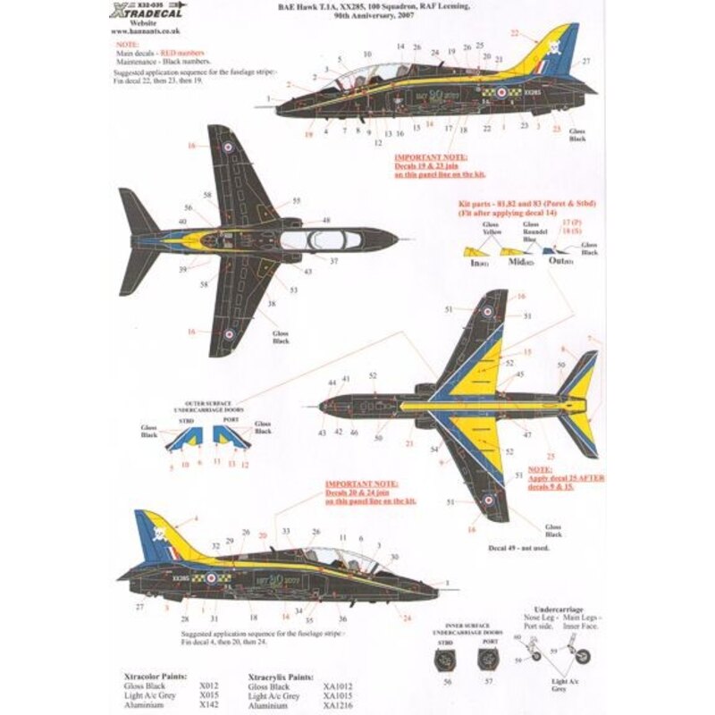 Décal BAe Hawk T.1A XX285 100 Sqn 90th Anniversary 2007 with Yellow and Blue trim.