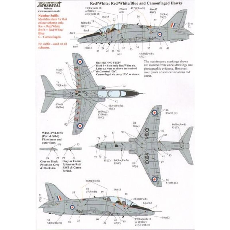 Décal BAe Hawk T.1 Comprehensive Maintenance Marks for early Red/White/Blue and Camouflaged Dark Green/Dark Sea Grey. Sheet incl