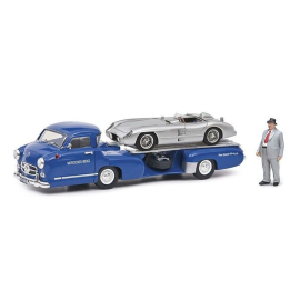 MERCEDES porte voiture bleu avec MERCEDES 300 SLR grise avce figurine