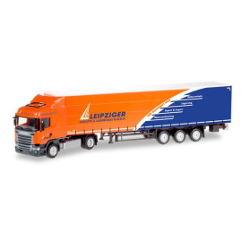 Miniature SCANIA R13 HL 4x2 avec semi bachée 3 essieux transport Leipziger