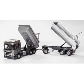 Miniature SCANIA G 6x4 gris avec remorque 1 + 2 essieux