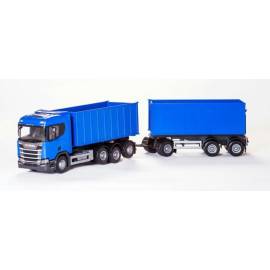 Miniature SCANIA R500 porteur ampliroll bleu 8x4 avec remorque ampliroll 1+2 Essieux