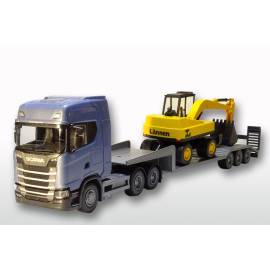 Miniature SCANIA S 6x4 bleu avec porte-engin 3 essieux et pelleteuse LANNEN