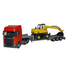 Miniature SCANIA S 6x4 rouge avec porte-engin 3 essieux et pelleteuse LANNEN