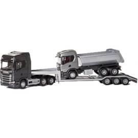 Miniature SCANIA S 6x4 noir avec porte-engin 3 essieux et SCANIA G500 6x4