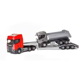 Miniature SCANIA S 6x4 rouge avec porte-engin 3 essieux et SCANIA G500 6x4