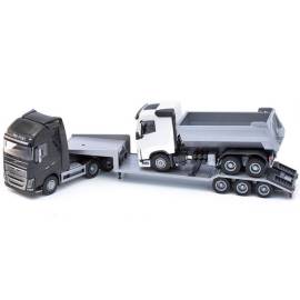 Miniature VOLVO FH16 6x4 noir avec porte-engin 3 essieux et camion benne 6x4