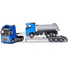 Miniature VOLVO FH16 6x4 bleu avec porte-engin 3 essieux et camion benne 6x4