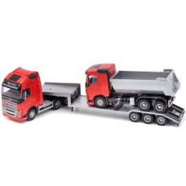 Miniature VOLVO FH16 6x4 rouge avec porte-engin 3 essieux et camion benne 6x4