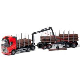 Miniature VOLVO FH16 6x4 rouge avec dolly et remorque 2 essieux transport de bois