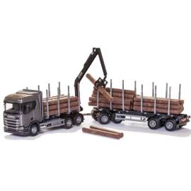 Miniature SCANIA R450 6x4 gris avec dolly et remorque 2 essieux transport de bois