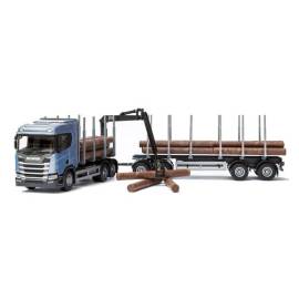 Miniature SCANIA R450 6x4 bleu avec dolly et remorque 2 essieux transport de bois