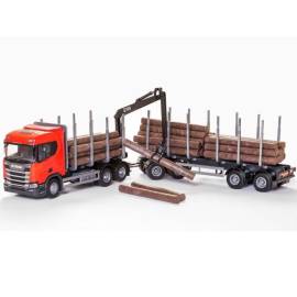 Miniature SCANIA R450 6x4 rouge avec dolly et remorque 2 essieux transport de bois