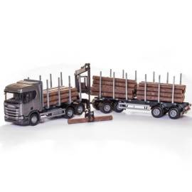 Miniature SCANIA R450 6x4 gris avec grue de chargement et remorque transport de bois