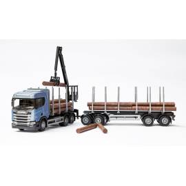 Miniature SCANIA R450 6x4 bleu avec grue de chargement et remorque transport de bois