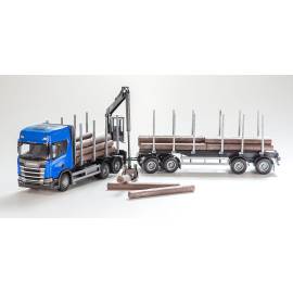 Miniature SCANIA CR 20H 6x4 bleu avec dolly et remorque 2 essieux transport de bois