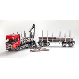 Miniature SCANIA CR20H 6x4 rouge avec grue de chargement et remorque transport de bois