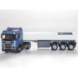 Miniature SCANIA R450 4x2 bleu métallique avec remorque citerne 3 essieux