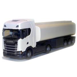 Miniature SCANIA S 410 4x2 blanc avec remorque citerne 3 essieux