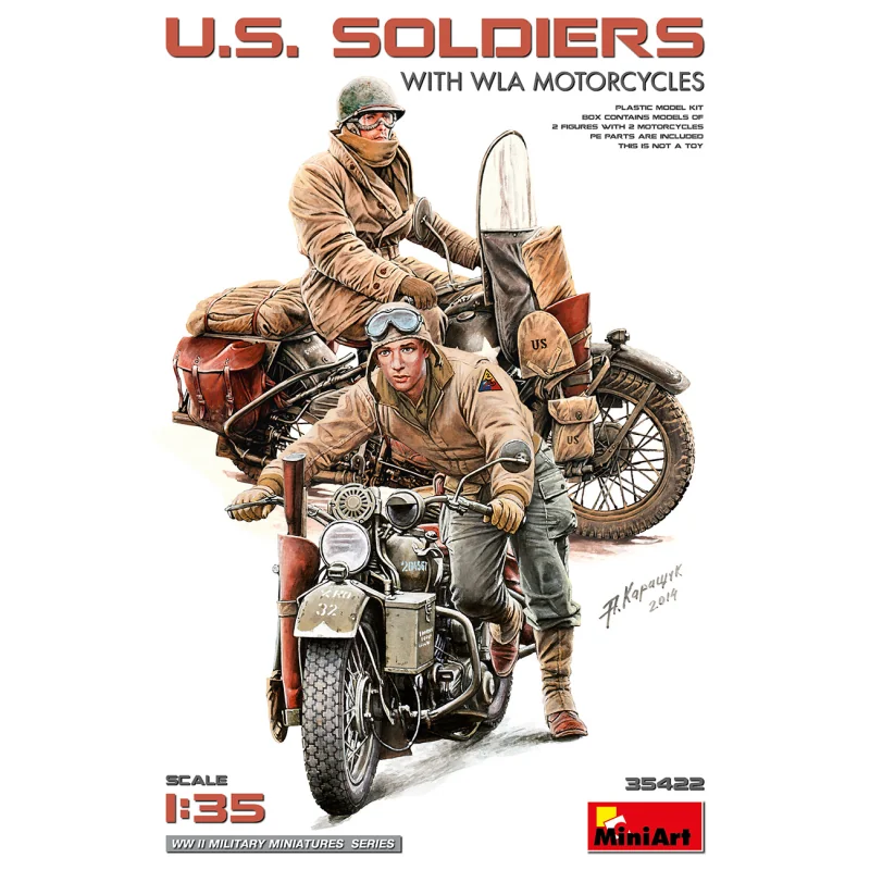 Maquette U.S. SOLDIERS WITH WLA MOTORCYCLES This kit features U.S. soldiers with WLA motorcycles, providing a detailed represen