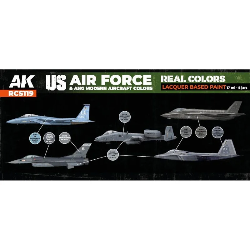 Peinture à maquette acrylique AK INTERACTIVE: Real Colors US Air Force & ANG Modern Aircraft Colors SET