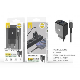  Embout secteur avec câble Type C, 2 USB , 2.4A - NA0351 - Noir