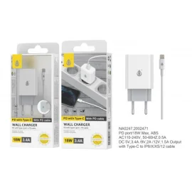  Embout Secteur Type C avec Cable Type C vers Lightning- 3.4A - 18W- iPhone 8/X/XS/12 -1 USB- NA0247- Blanc