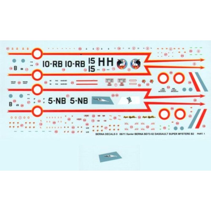 Décal Dassault Super Mystere B2 Part 1 : N¬?49 5-NB 'Vendee', N¬?88 10-RB 'Seine', & N¬?15 H CEAM ref 