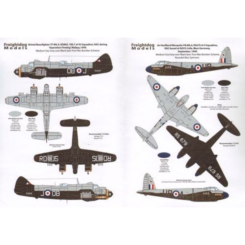 Décal RAF Post-War (7) - Bristol Beaufighter RD805/OB-J 45 Sqn, Malaya 1948, Mosquito FB6 RS679/AU-P 4 Sqn, RAF Celle, West Germ