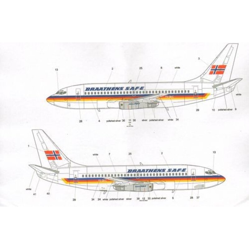 Décal Braathens SAFE Boeing 737-200 LN-SUZ with VASP cheatline and YS-08-C in TACA colours. Includes cockpit windows for both Ai