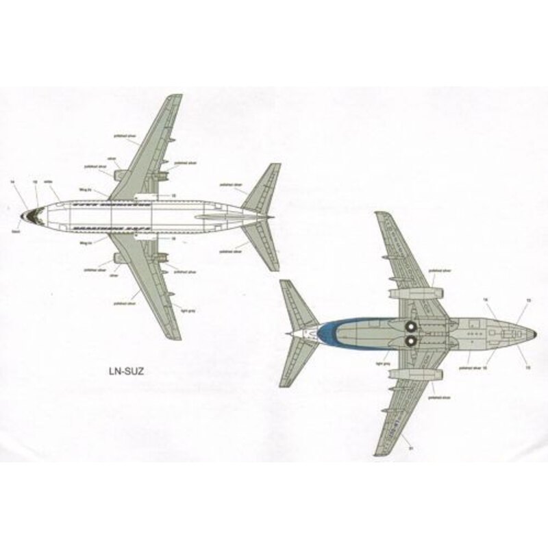 Décal Braathens SAFE Boeing 737-200 LN-SUZ with VASP cheatline and YS-08-C in TACA colours. Includes cockpit windows for both Ai