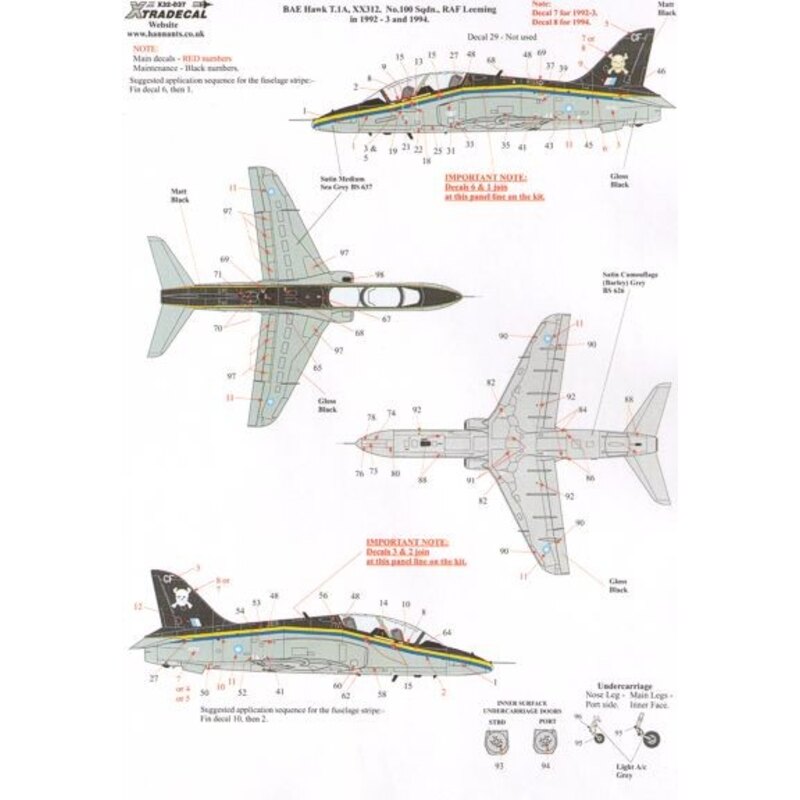 Décal BAe Hawk T.1A (2) XX249 4th FTS 70th Anniversary 1921 Abu Sueir-Valley 1991, Red/White/Blue/Lt. Aircraft Grey camo; XX312/