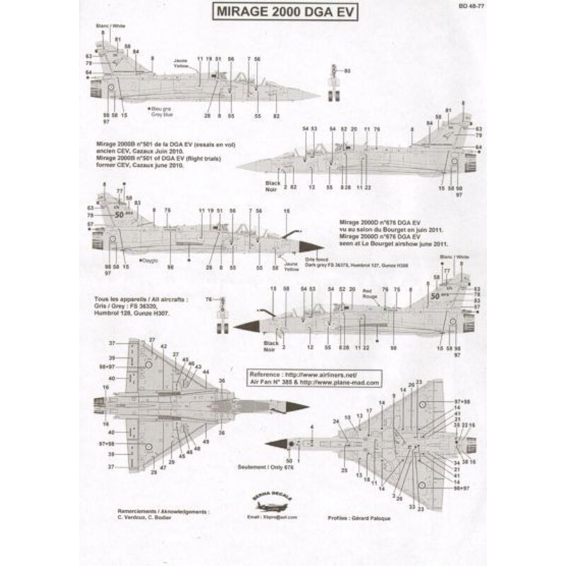 Décal Dassault Mirage 2000 DGA EV (flight trials) : Mirage 2000B N¬? 501 & Mirage 2000D N¬? 676 r?©f 