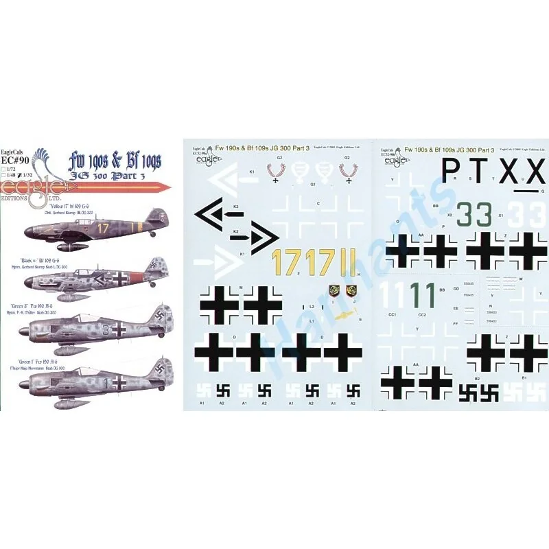 Décal Messerschmitt Bf 109G and Focke Wulf Fw 190A-6 (4) 109 Yellow 17 II/JG300 RLM 74/75 overpainted with dark grey Stab I/JG30