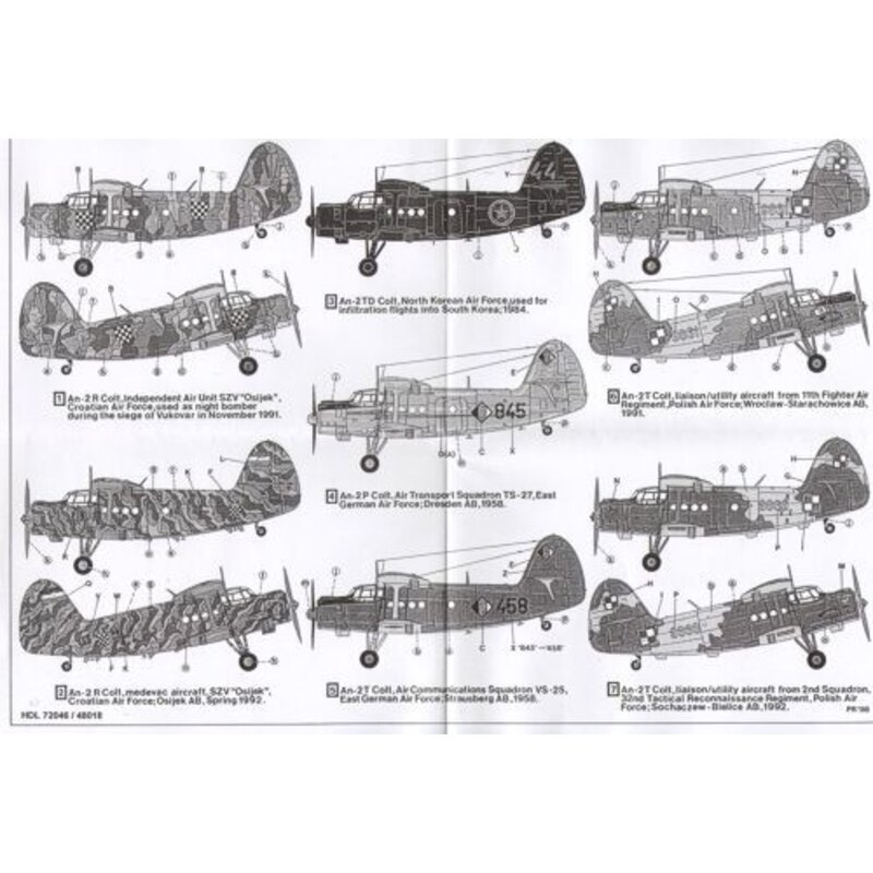Décal Antonov An-2 Colt (7) Croatian Air Force 1991; Croatian medevac 1992; Red 44 N. Korean Air Force all black; Black 845 E. G