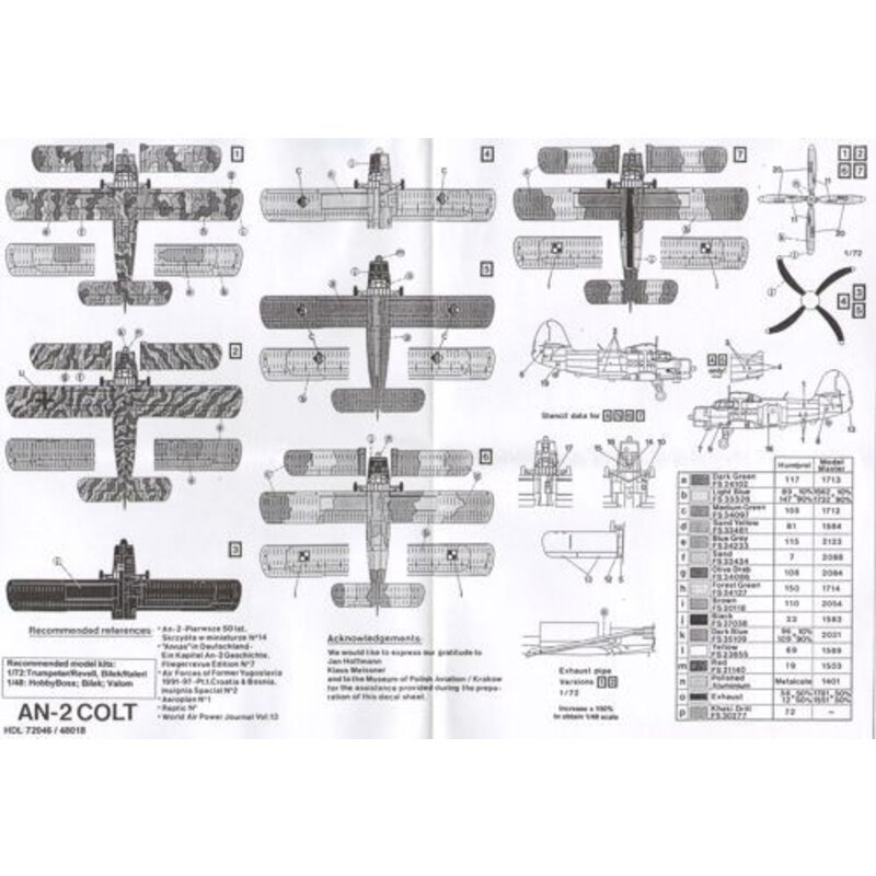 Décal Antonov An-2 Colt (7) Croatian Air Force 1991; Croatian medevac 1992; Red 44 N. Korean Air Force all black; Black 845 E. G