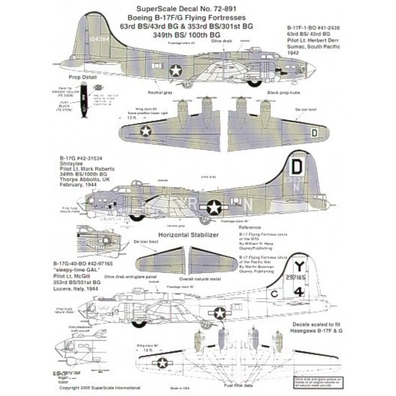 Décal Boeing B-17F/Boeing B-17G Flying Fortress (3) F 41-2438 63 BS/43 BG Lt H.Derr Pacific; G 42-31534 XR-N 349 BS/100 BG 'Shil