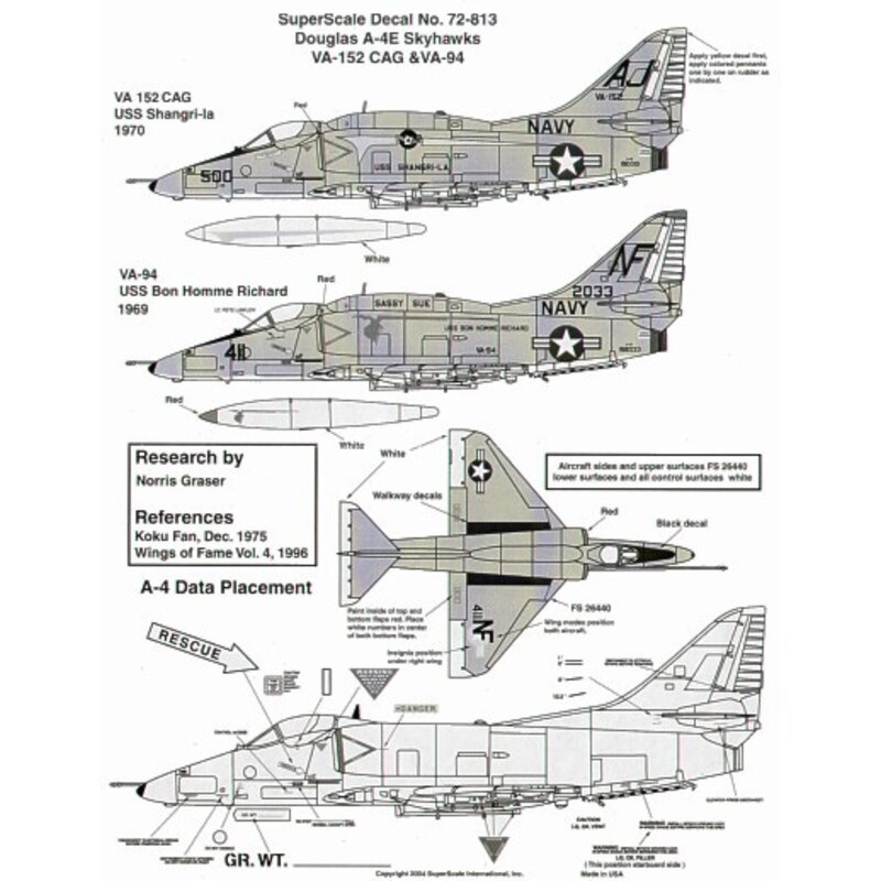 Décal Douglas A-4E Skyhawk (2) 150001 AJ/500 VA-152 CAG USS Shangri-La; 152033 NF/411 VA-94 Sassy Sue USS Bon Homme Richard 1969