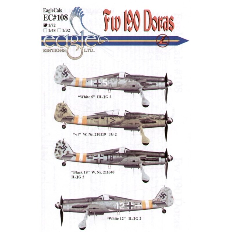 Décal Focke Wulf Fw 190D-9 Pt 2 (4) White 17 1/JG 2 RLM 75/76/83 Yellow 9 3/JG 2 RLM 757683 Black II Stab jg 2 RLM 74/75/76/83 