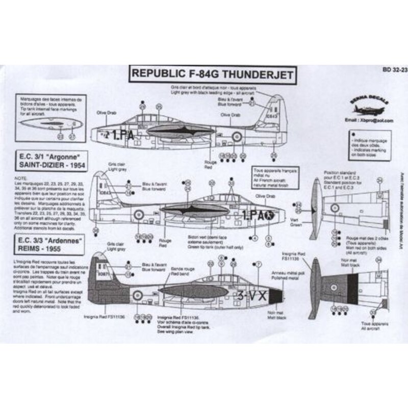 Décal Republic F-84G Thunderjet (2) 10843 1-PA EC 3/1 Argonne St Dizier 1954, 10871 3-VX EC 3/3 Ardennes Reims 1955