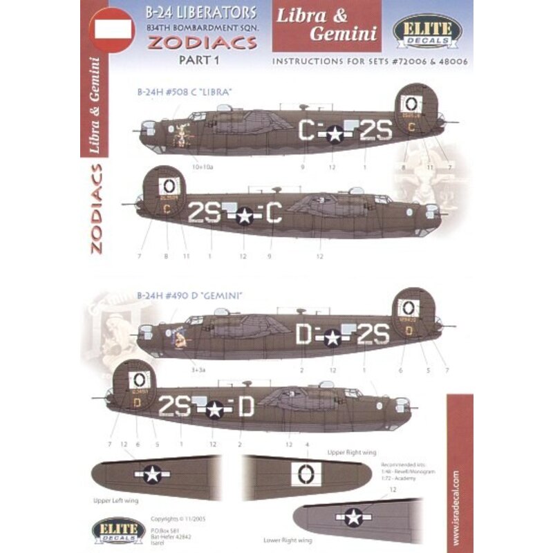 Décal Consolidated B-24H 834 BS `Zodiacs' Part 1. (2) 42-52508 2S-C `Libra' 41-29490 2S-D `Gemini' Nose art specially printed. B