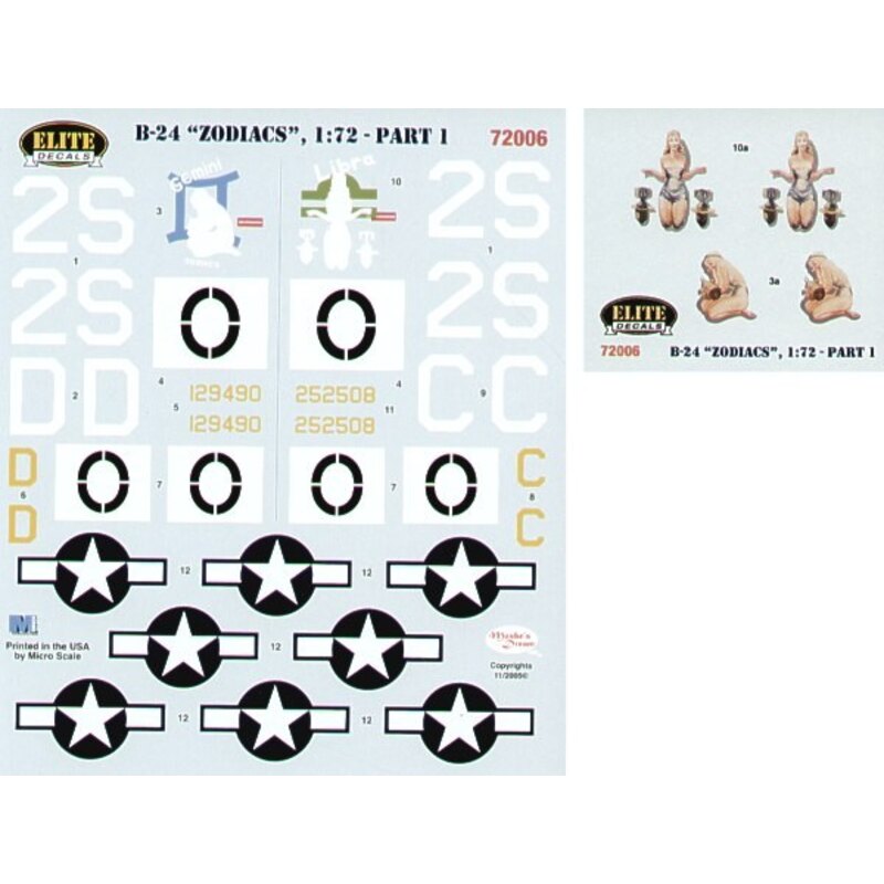 Décal Consolidated B-24H 834 BS `Zodiacs' Part 1. (2) 42-52508 2S-C `Libra' 41-29490 2S-D `Gemini' Nose art specially printed. B