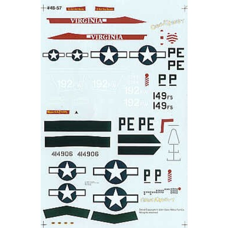 Décal Lockheed Martin F-16C and North American P-51D. (2) 328FS Virginia ANG. Painted with a blue nose and fin and named Cripes 