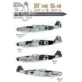 Décal Messerschmitt Bf 109K-4 (4) Black &lt; Stab III/JG27 avec RLM 25 green tail band; Yellow 1 II/JG53 Lt G.Landi; Black 8 14/