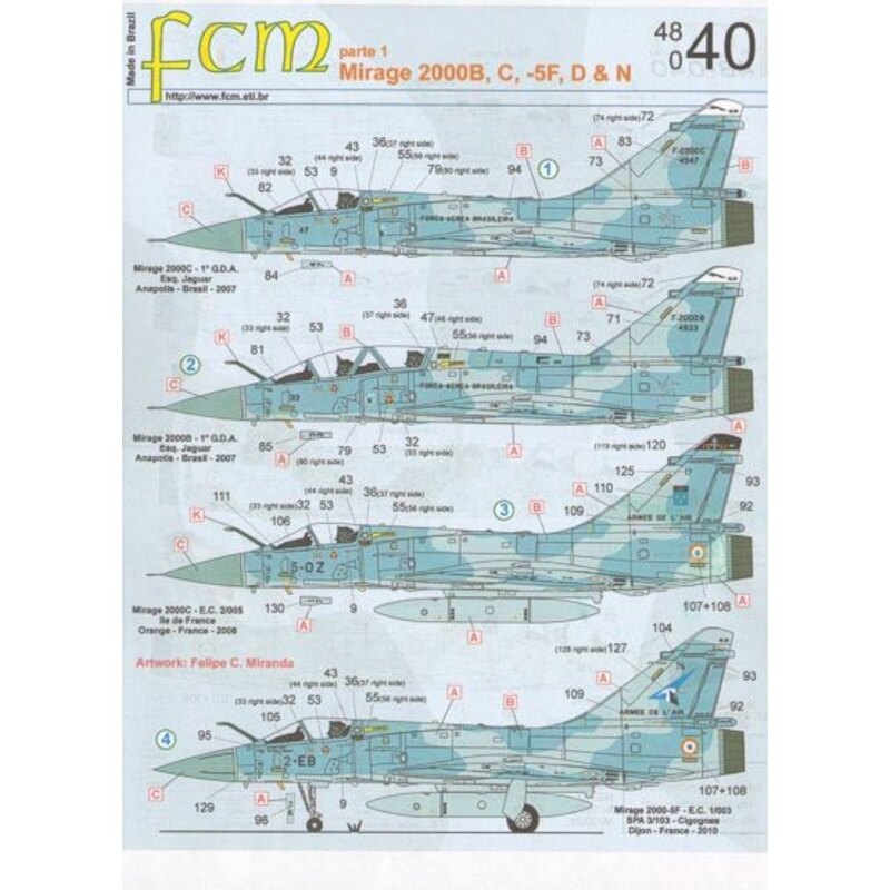 Décal Dassault Mirage 2000B, C, 5F, D, N (9) C 4647 et D; 4933 FAB Brasil AF 2007; 5-OZ EC 2/005; 5F 2-EB EC 1/003 Cigognes 2010