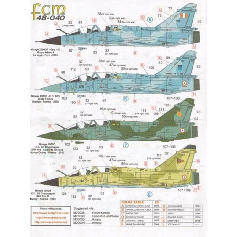 Décal Dassault Mirage 2000B, C, 5F, D, N (9) C 4647 et D; 4933 FAB Brasil AF 2007; 5-OZ EC 2/005; 5F 2-EB EC 1/003 Cigognes 2010