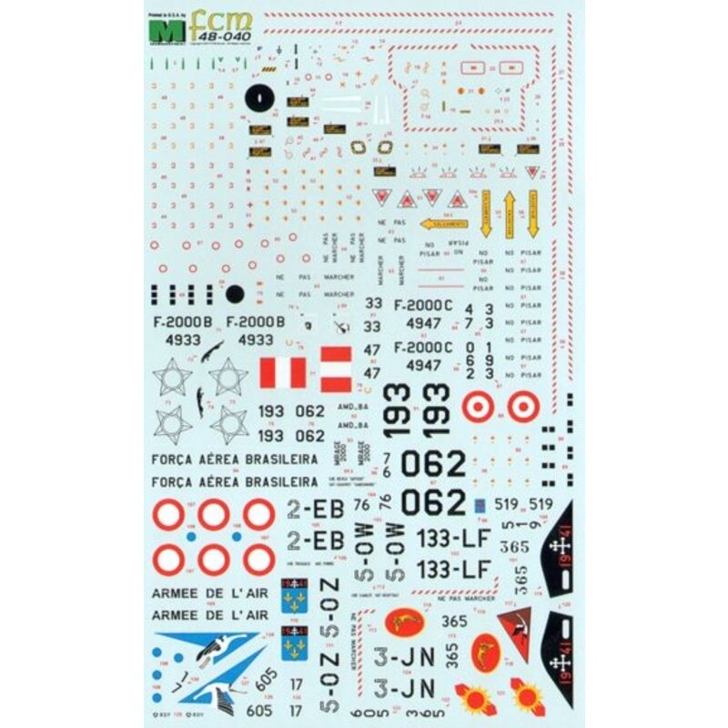 Décal Dassault Mirage 2000B, C, 5F, D, N (9) C 4647 et D; 4933 FAB Brasil AF 2007; 5-OZ EC 2/005; 5F 2-EB EC 1/003 Cigognes 2010