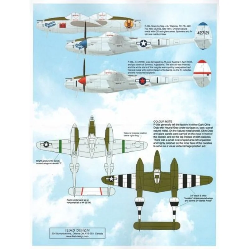 Décal Lockheed P-38J/P-38L Lightning (8) Black 7 80th FS/8th FG Lt Ken Ladd New Guinea; 79th FS/20th FG Col.H.Rau 'Gentle Annie'