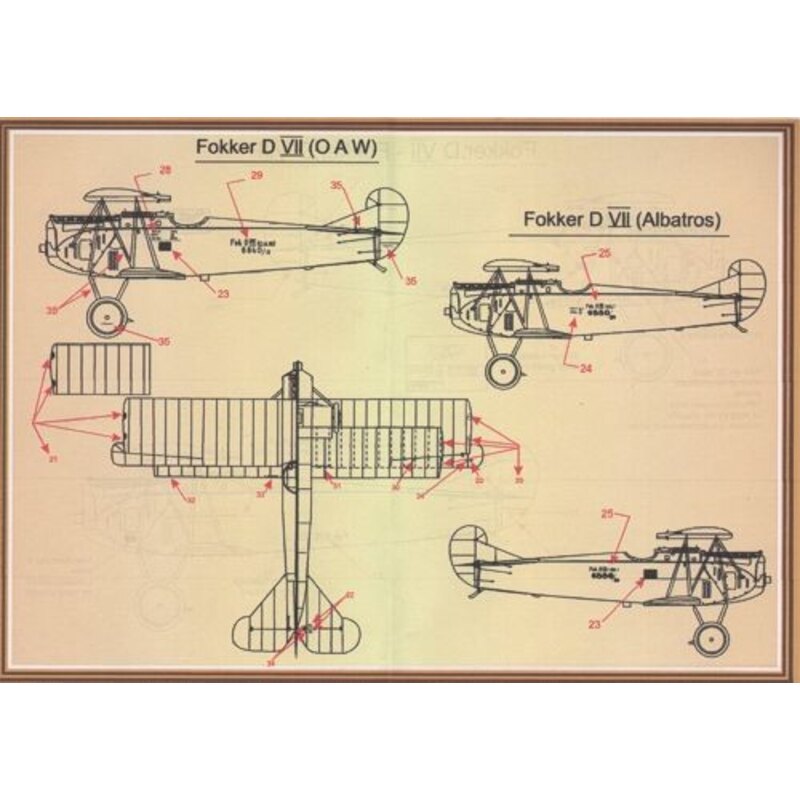 Décal Fokker D.VII Pt 2 (6) Jasta 19 Yellow nose; Jasta 18 blue fuselage avec blue/white check band; Jasta 13 Lozenge fuselage a